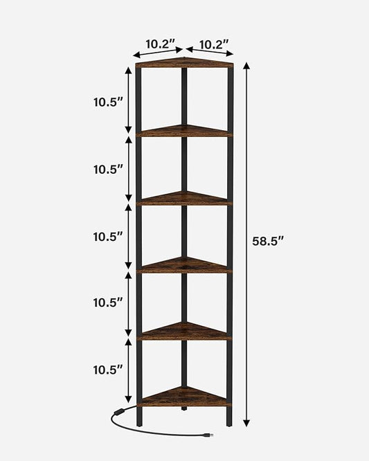 TUTOTAK Corner Shelf with LED Light, 6-Tier Corner Bookshelf for Small Space, Narrow Display Corner Shelf Stand with Storage Rack, for Living Room, Bedroom, Rustic Brown BS05BB006L