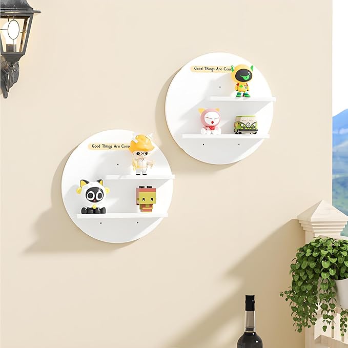 Round Wall Mounted Floating Shelves, 2-Tier Decorative Display Shelf with Customizable Message Board, Minimalist Wall Shelf for Candles, Plants, Small Decor (White)