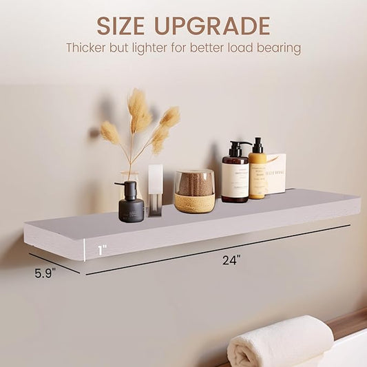 Floating Shelves 24 Inches Long, Set of 2 Solid Rustic Wood Wall Mounted Shelves, Wall Picture Ledge Shelf with Invisible Metal Brackets for Living Room, Bedroom, Bathroom, White