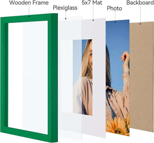 Vittanly 8x10 Picture Frames Set of 4, Display Pictures 5x7 with Mat or 8x10 without Mat, Gallery Wall Frame Set for Wall or Tabletop Display, Engineered Wood with Shatter Resistant Plexiglass, Green