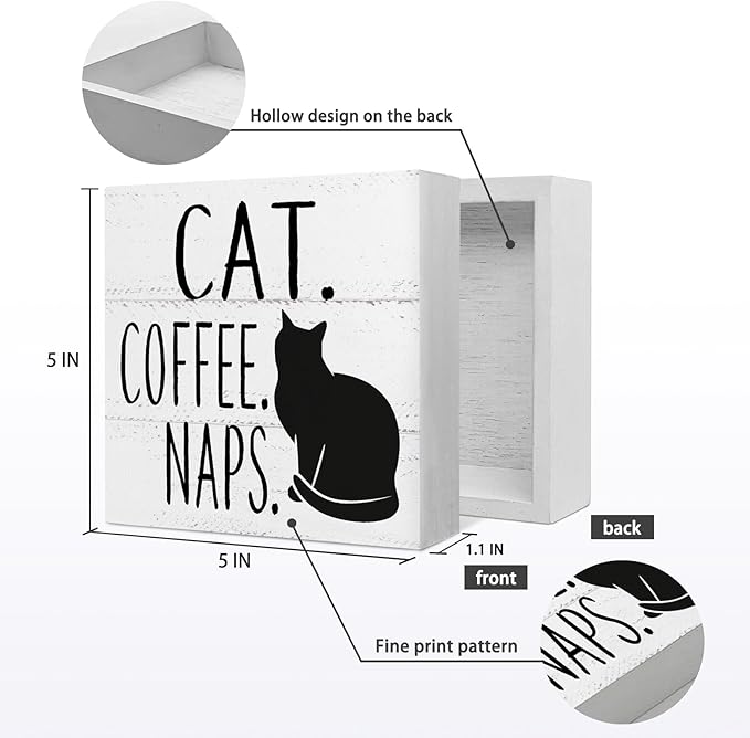 Cat & Coffee Nap Desk Sign, Rustic Wooden Block Decor for Home, Kitchen, Office - Funny Black Cat Theme