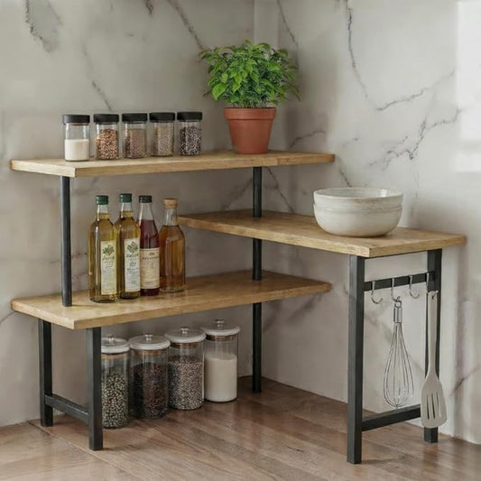 3-Tier Bamboo Corner Countertop Organizer with Extended Top Tier – Kitchen Counter Shelf for Small Spaces, Coffee Bar Organizer, Spice Rack, Bathroom Counter Storage, Space Saver