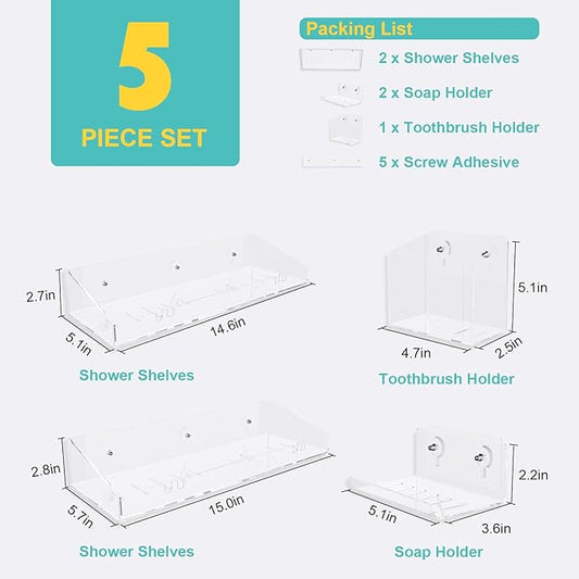 Adhesive Shower Caddy, 5 Pack Acrylic Shower Shelves Bath Organizers With Large Capacity, No Drilling Shelves for Bathroom Storage
