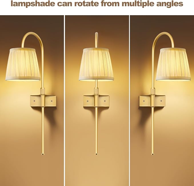 Vintage Battery Operated Wall Sconces Set of 2, Gold Rechargeable Wireless Wall Lamp Lights with Fabric Lampshade & LED Remote Bulb,Dimmable Flower Wall Sconce for Bedroom Living Room Hallway