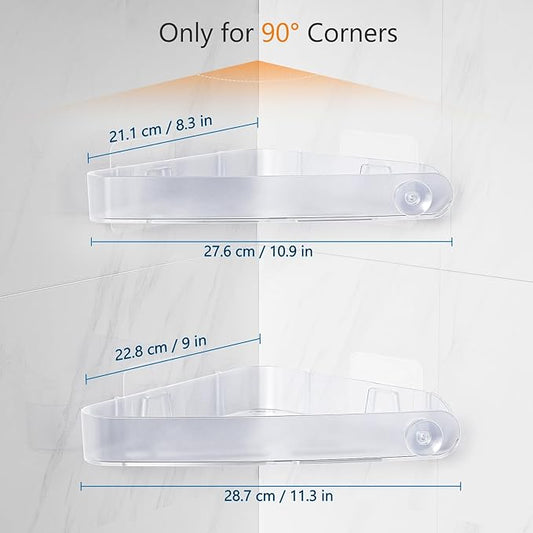 Sotfamily Plastic Shower Caddy Corner (for 90° Only), 2 Pack Adhesive Corner Shower Shelves for Bathroom Organizers and Storage, Crystal