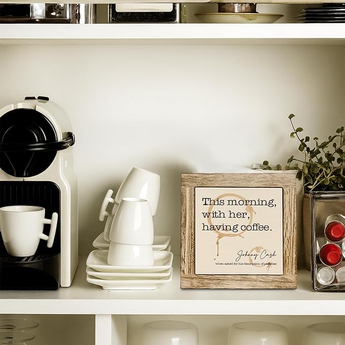 This Morning With Her Having Coffee Wooden Box Sign, Coffee Stains Decor Sign, Rustic Wooden Cafe Table Top Decor, Freestanding Cafe Decoration 5.9X5.9 Inches