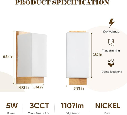 Modern Farmhouse Wall sconces 2-Piece Set Small Wood sconces White Frosted Textured Glass Wall Light Indoor Farmhouse Wall lamp for Bedroom Living Room and Hallway with E26 Base