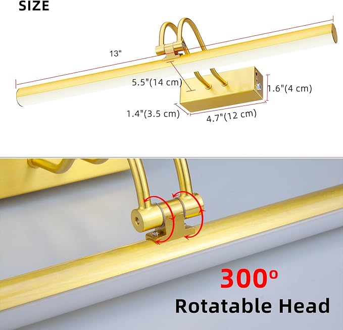 Picture Light,Picture Lights for Wall Cordless,13" Picture Lights with Timer and Dimmable,Battery Wall Lights for Display Gallery Painting Art Frame Portrait-Plated Gold