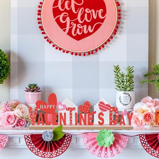 MEETYAMOR Valentines Day Decorations, Wood Metal Happy Valentines Day Sign for Table Decor, Farmhouse Rustic Valentines Day Decorations for Home, Kitchen, Mantle, Shelf