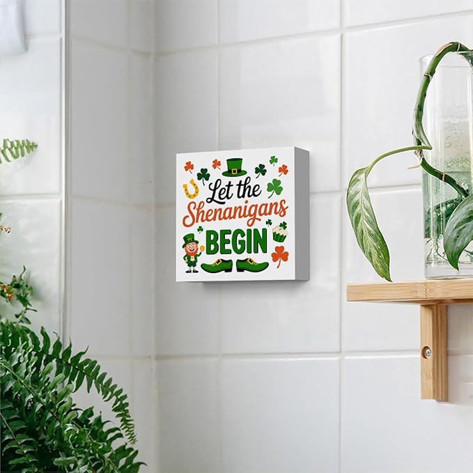 St Patricks Day Decor Let the Shenanigans Begin Rustic Shamrock Wood Sign Home Tabletop Shelf Desk Decor May Your Pockets Be Heavy St Patricks Day Decorations 5 X 5 Inches