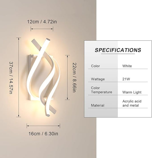 DELIPOP Modern LED Wall Sconce, 3000K Spiral Indoor Wall Light, 21W Acrylic LED Wall Lamp for Hallway Bathroom Bedroom Living Room