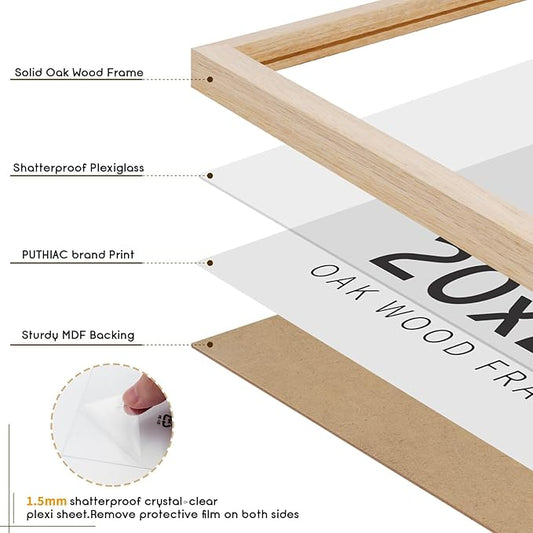 puthiac 20x24 Solid Oak Wood Picture Frame, No Mat, Wall Display Only, Vertical or Horizontal, Plexi Front, 1 Pack, Natural Oak