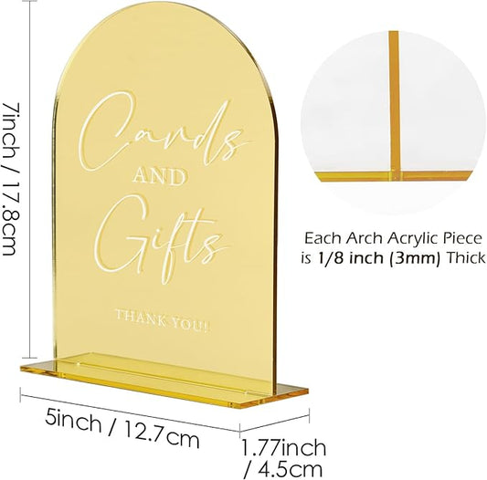 Set of 2 Gold Acrylic Wedding Signs, 5"x7" Gold Mirror Arch Acrylic Table Sign and Base, Modern Font TableTop Reception Sign for Wedding & Party Event (Golden, 5 x7 Inch)