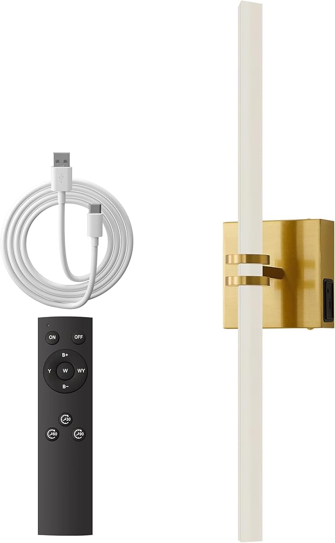 Battery Operated Wall Sconce 1Pack, Gold Rechargeable Wall Lights with Dimmable Remote Control, 22 Inch 3000K-6000K LED Wireless Wall Lamps for Bedroom, Hallway, Background Wall