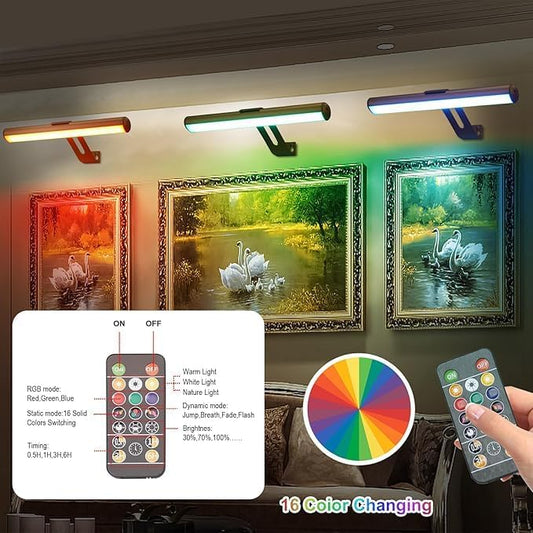 Picture Light Battery Operated, Remote Picture Lights for Wall, 48 LED, 16 Color Changing Light, Dartboard Light with 2 Base for Art-Gold