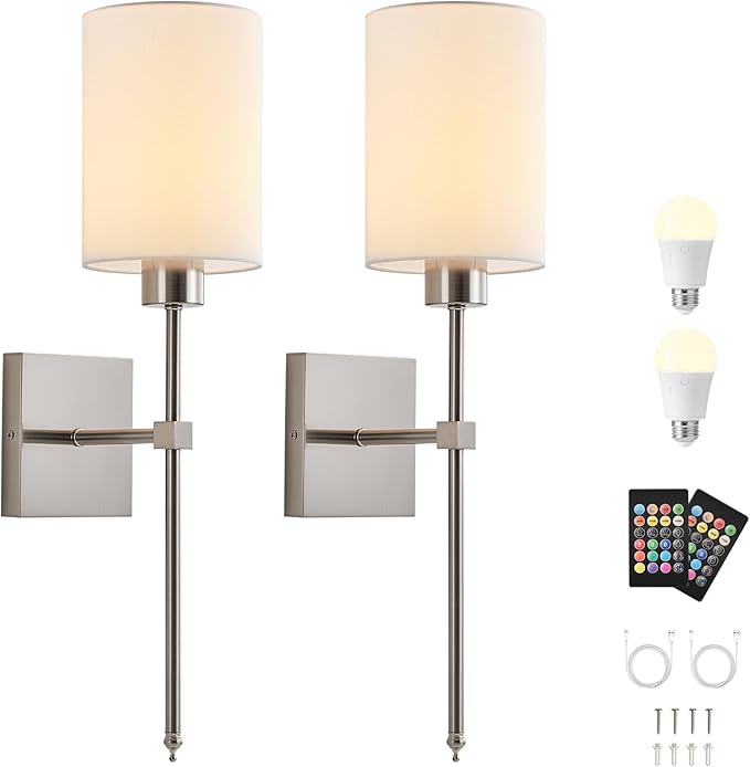 Battery Operated Wall Sconce Set of Two, Wireless Rechargeable Wall Light with Remote Control, Dimmable, 4 Color Temperatures, RGB, Timer, for Living Room,Bedroom,Entryway, Nickel, 20.6 Inch