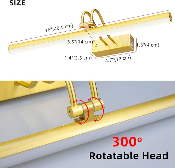 Picture Light,Picture Lights for Wall Cordless,16" Picture Lights with Timer and Dimmable,Battery Wall Lights for Display Gallery Painting Art Frame Portrait-Plated Gold 2Color