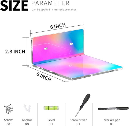 Sezanrpt 6 Inches Iridescent Small Wall Shelves, Acrylic Floating Shelf for Small Space, Acrylic Display Ledges for Funko Pop Figures, Home Décor, Plants, Smart Speaker, Digital Clock, 4 Pack