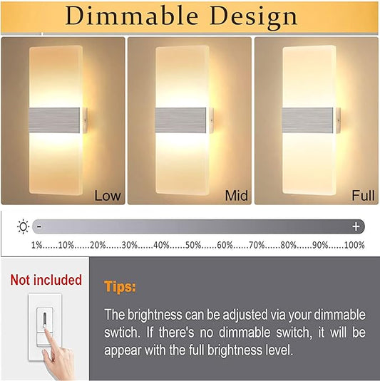 Lightess Dimmable Wall Sconce Set of 2, Modern LED Wall Lamp 12W for Hallway Bedroom Living Room, Warm White, HS