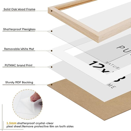 puthiac 12x18 Solid Oak Wood Picture Frame, Fits 8x12 with Mat or 12x18 Without Mat, Wall Display Only, Vertical or Horizontal, Plexi Front, 3 Pack, Natural Oak