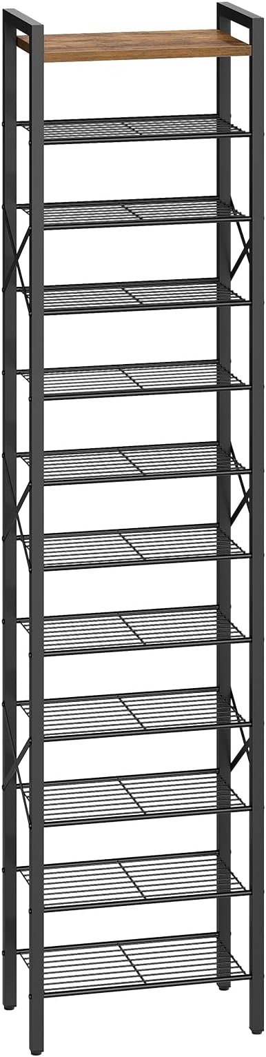 12-Tier Narrow Shoe Rack, Tall Shoe Rack for 12-24 Pairs, Slim Shoe Storage Organizer with Wooden Top, Space Saving, Metal Frame, for Entryway, Rustic Brown and Black SS61BR