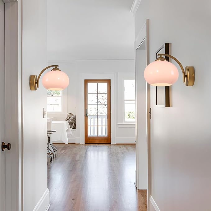 Mid Century Modern Wall Sconce Light Fixture Pink Glass Wall Sconce Lamp Brass Gold Wall Lighting Hardwired Globe Wall Lamp Vintage Bathroom Vanity Light Fixtures