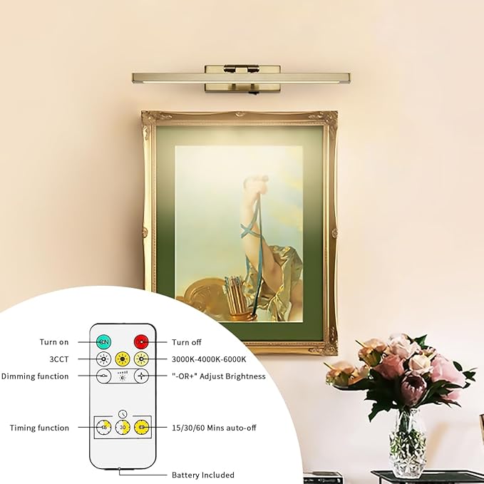 Wireless Picture Light Battery Operated with Remote LED Art Lights for Paintings Rechargeable Dimmable 15.7" Brass Lights Over Pictures on Wall Gold with Swing Arm for Display