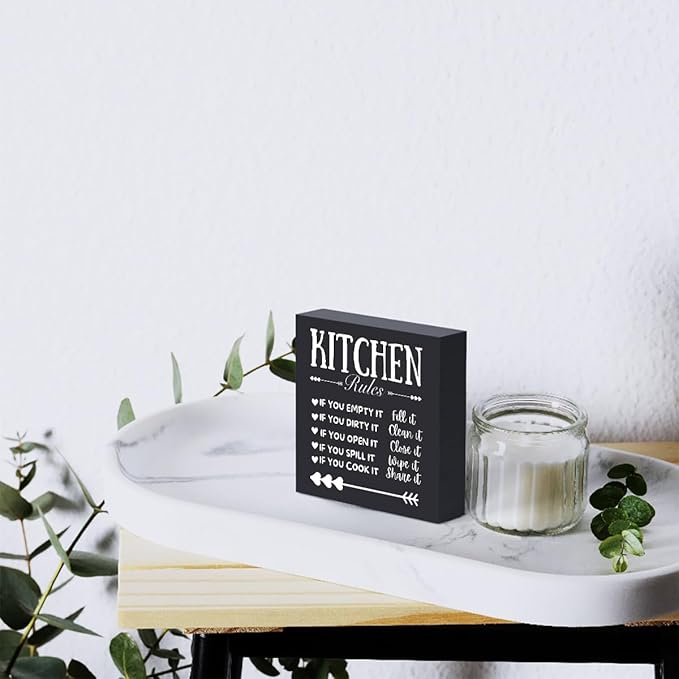 Funny Kitchen Decor Rustic Kitchen Decorations Wood Sign Desk Decor Farmhouse Black Wooden Box Sign for Home Dining Room Coffee Shelf Table Bar Living Room Counter Housewarming Gift