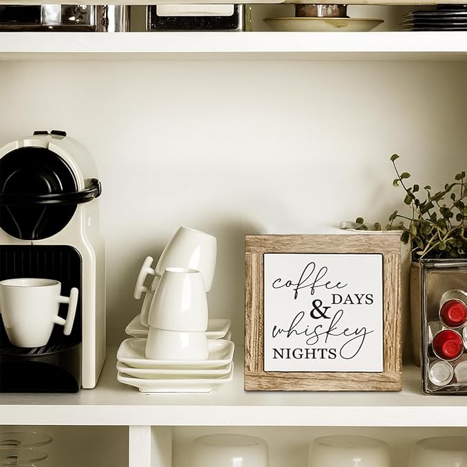 Coffee Bar Wooden Decor, Coffee Day Whiskey Nights Sign, Farmhouse Cafe and Bar Table Top Decoration, Rustic Wooden Table and Shelves Decor 5.9X5.9 Inches