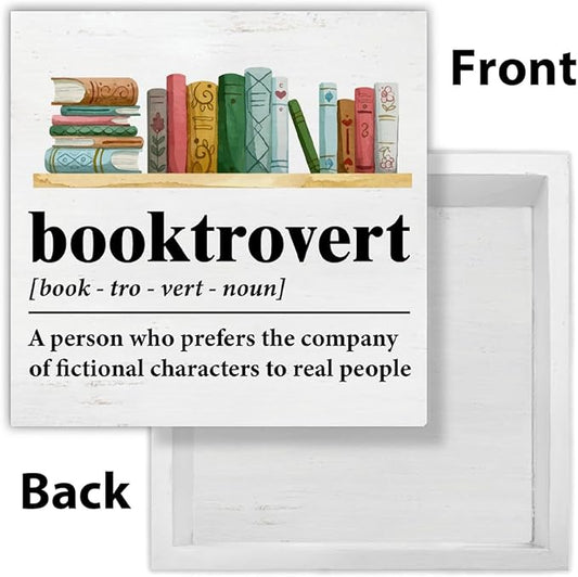 Book Lover Decor Rustic Booktrovert Definition Wooden Sign Decorations Home Book Room Library Desk Table Shelf 5×5 Inches, Gifts for Book Lovers Readers