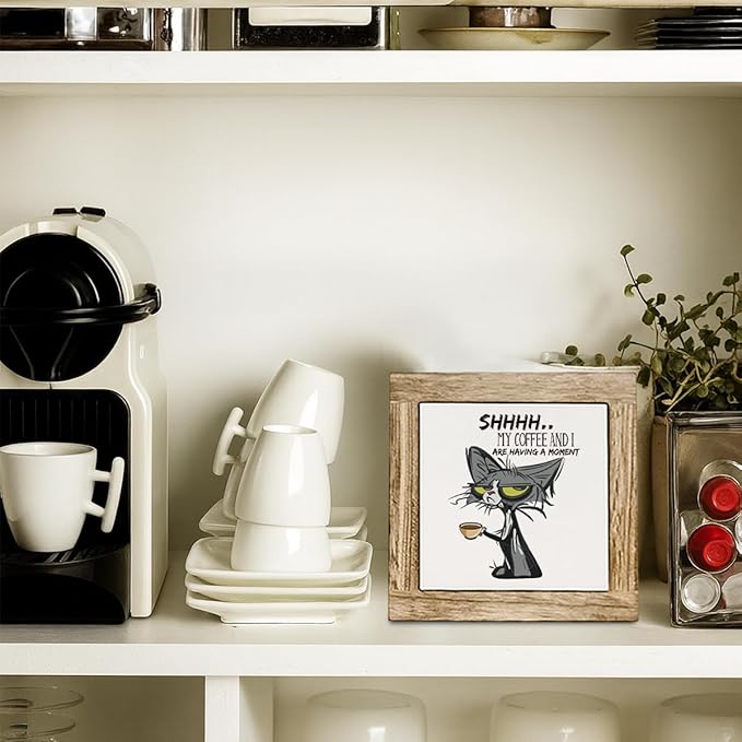 Funny Coffee Decor Sign, My Coffee and I Are Having a Moment, Funny Cat Wooden Sign, Farmhouse Cafe and Kitchen Decor, Square Wood Block Signs Table Decoration 5.9X5.9 Inches