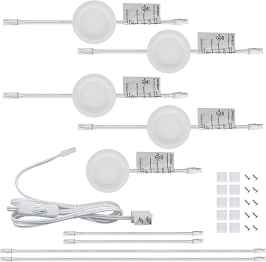 LUMILAND Wired LED Puck Lights 120V (2.7Wx5) Plug-in Lighting Warm White, LED Cabinet Light for Kitchen Can Be Surface Mount or Recess Mount, White