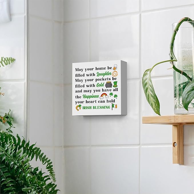 St Patricks Day Decor Irish Blessing Decorations Laughter Gold Happiness Rustic Wood Sign Home Tabletop Shelf Desk Decor St Patrick's Day Decorations 5 X 5 Inches