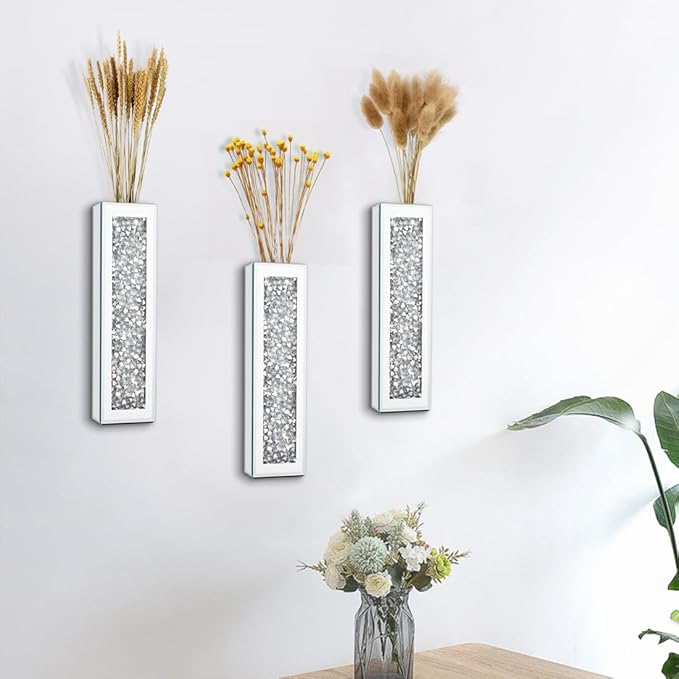 Silver wall Decor Mirrored Vase Set of 3,Crystal Crush Diamond Flower Vase,Stunning Decorative Glass Hanging Planter & Container for Home Wall Decor.Befit for Faux Plants.Can't Hold Water.