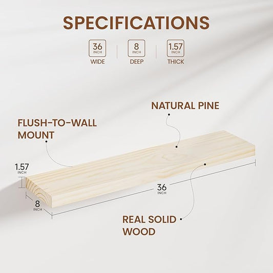 Heimlove 36 Inch Floating Shelves for Wall Solid Wood Shelves Set of 2,Wall Mounted Rustic Wood 8 Inch Deep Floating Shelf with Invisible Brackets for Bedroom Kitchen Living Room