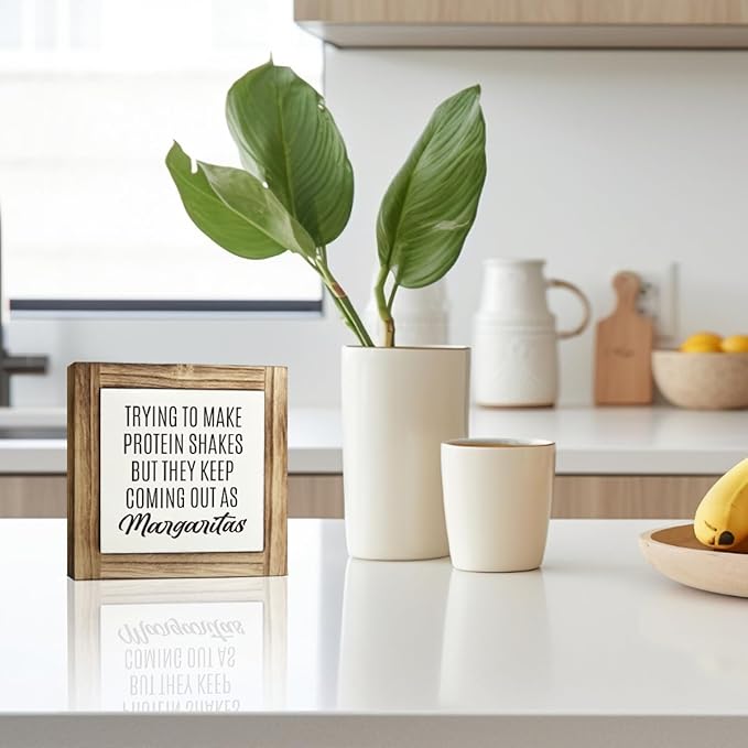 Home Kitchen Decor, Funny Margaritas Sign, Trying to Make Protein Shakes but They Keep Coming Out as Margaritas, Box Wood Desk Sign, Kitchen Bar and Wine Bar Decoration