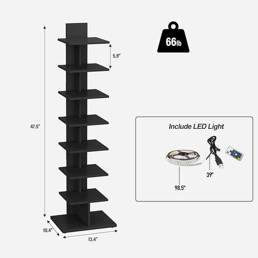 TUTOTAK Narrow Bookshelf, 8-Tier Bookcase with LED Lights, Spine Book Shelf for Small Space, Corner Standing Shelf for Living Room, Office, Study, Entryway, Black BS06BK008L