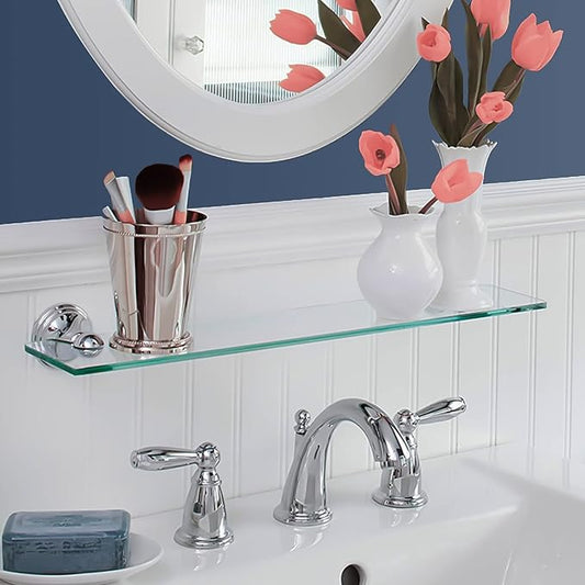 Fab Glass and Mirror 10" X 48" Rectangle Floating Shelf with Chrome Brackets Glass Shelves, Clear