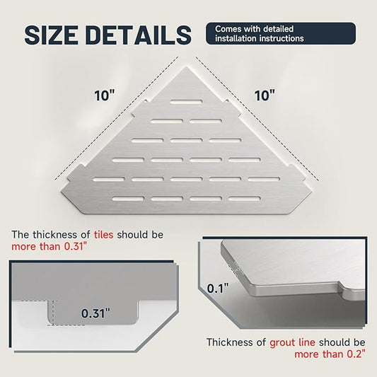 BWE 10" Corner Shower Shelves, 304 Stainless Steel Floating Corner Sheves for Wall, Heavy Duty Recessed Bathroom Shower Shelves Slot Design for Tiled Wall, No Drilling Needed 2 Pack Brushed Nickel