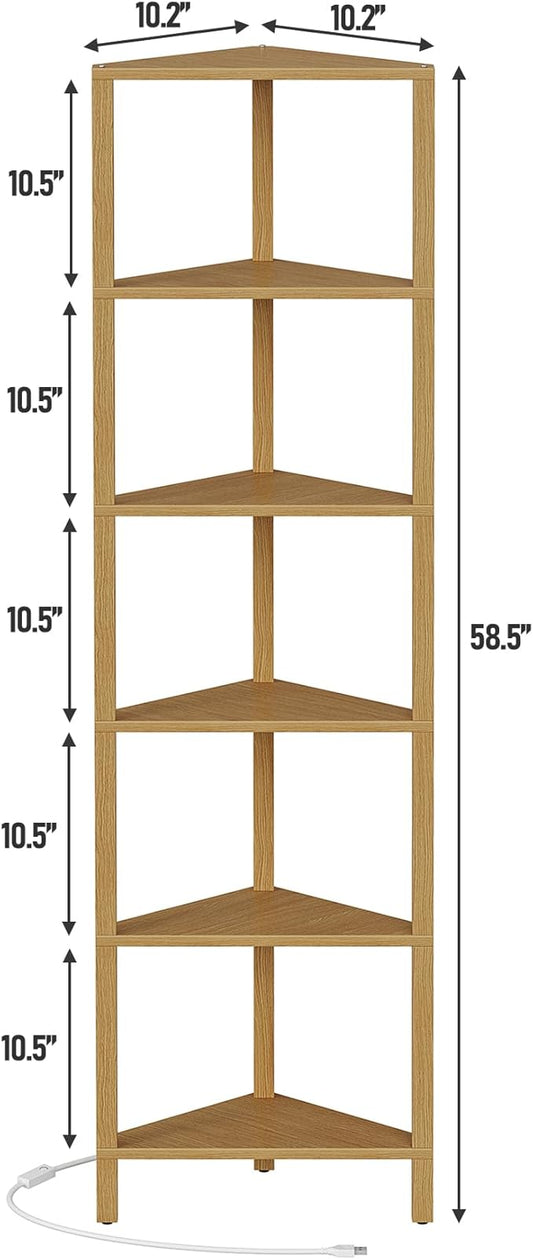 TUTOTAK Corner Shelf with LED Light, 6-Tier Corner Bookshelf for Small Space, Narrow Display Corner Shelf Stand with Storage Rack, for Living Room, Bedroom, Natural BS05BN006L