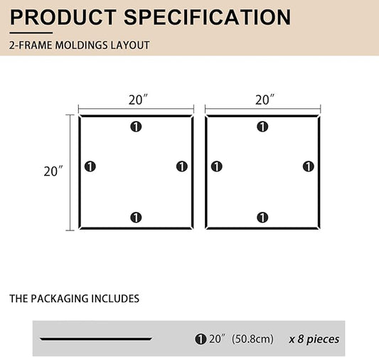2 Set of 20" x 20" Pre-Cut Accent Wall Molding Trim Kit, Peel and Stick Premade Wainscoting Panels for Interior Decoration, Ready to Assemble Chair Rail Moulding