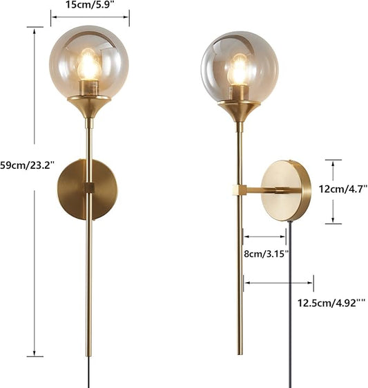 BOKT Brushed Brass Gold Wall Mounted Sconce Plug in Cord Mid Century Modern Globe Wall Light Fixture Plug in Vintage Long Pole Wall Lamp Smoke Gray Glass Wall Sconce Lighting (Smoke Gray-Plug in)