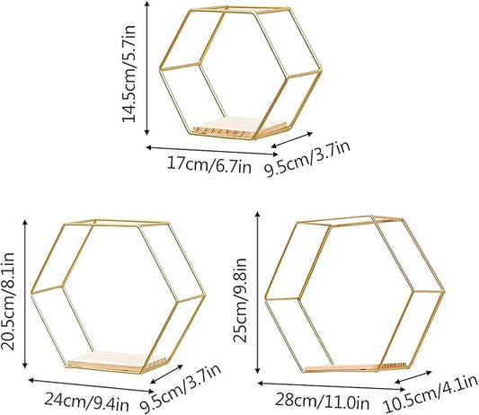 Hexagon Floating Shelves, Wall Mounted Decorative Geometric Shelf for Wall Decor, Different Sizes Modern Metal Framed Gold Shelf, for Living Room, Bedroom, Kitchen, Office, Set of 3 Size