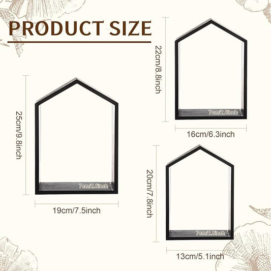 3 Set Wall Shelf 9.8 x 7.1 Inch Wooden Hanging Shelf Deep Display Storage Shelves Floating Shelves for Home Office Room Mini Figures Potted Plants Wall Decor(House,Black)