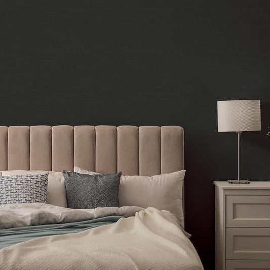 Tempaper Textured Black Horizontal Faux Grasscloth Removable Peel and Stick Wallpaper, 20.5 in X 16.5 ft, Made in The USA