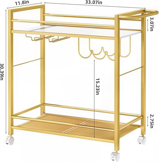 Bar Cart,Home Bar Serving Cart with Storage Shelves, 2 Tier Rolling Beverage Cart with Wheels, Modern Flowing Gold Wine Cart with Wine Rack and Glass Holder for Kitchen, Dinning Room,Living Room