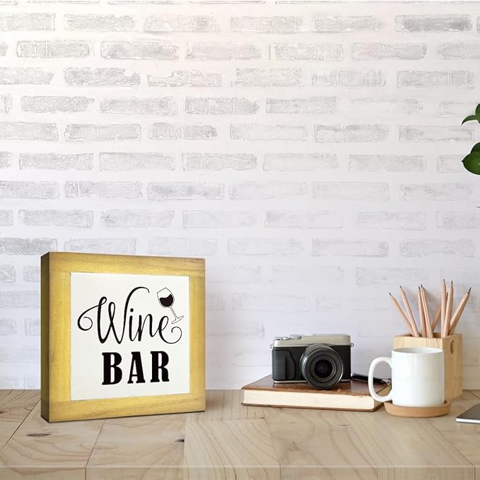 Wine Bar Signs, Box Sign Wood Desk Sign Decors, Wine Bar Decor Set, Decorative Wooden Table Top Decoration, Farmhouse Home Decor for Shelf, Country Style Home Bar Decoration, Coffee Signs A