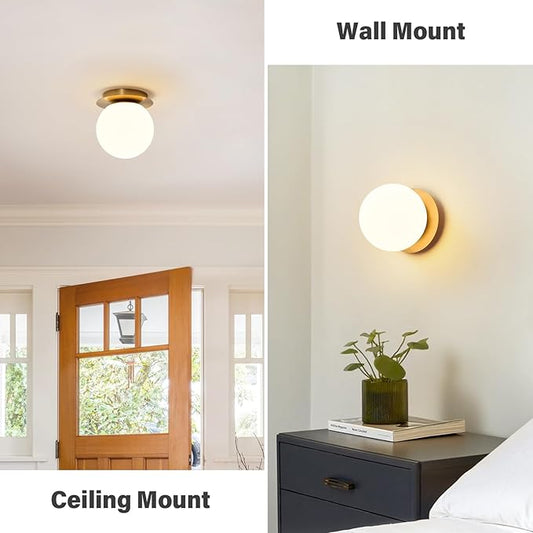 Modern Glass Globe Wall Sconce: Gold Spherical Sconces Light - Small Brass Vanity Single Ball Lights Fixture - Contemporary Milk Glass Wall Mounted Lamp for Bedroom Bathroom Hallway Bulb Not Included