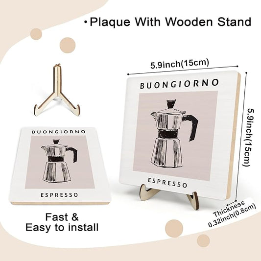 Coffee Bar Decor Sign,Wooden Vintage Plaque with CoffeePot Pattern-Buongiorno Espresso,Funny Farmhouse Decor for Coffee Station, Kitchen Café or Shelf Display(White)
