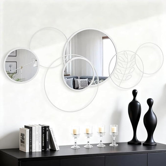 White Wall Mirror Set, 4 Pack Wall Mounted Circle Metal Mirror Round Decorative Modern Mirrors for Living Room Bedroom Entryway Decor 20x40 Inch